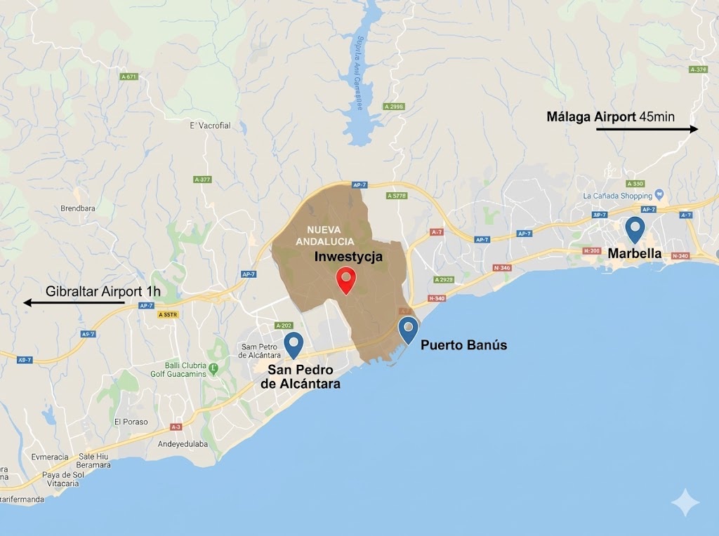 Mapa — Nueva Andalucía względem Puerto Banús i Marbelli
